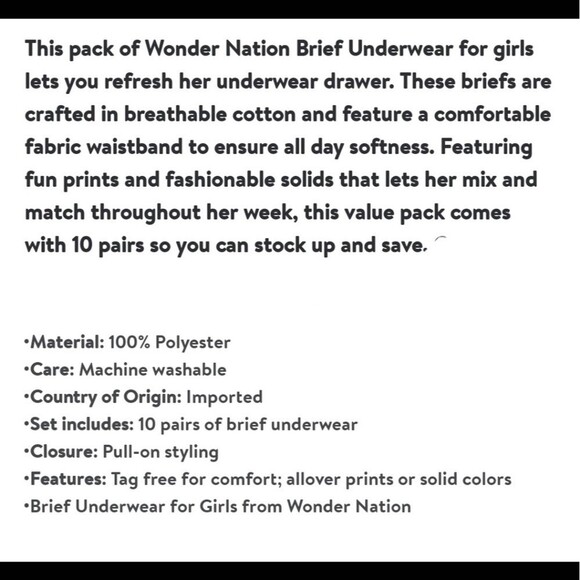 Wonder Nation Girls Brief Underwear, 10-Pack, Size 12 plus - Picture 6 of 6